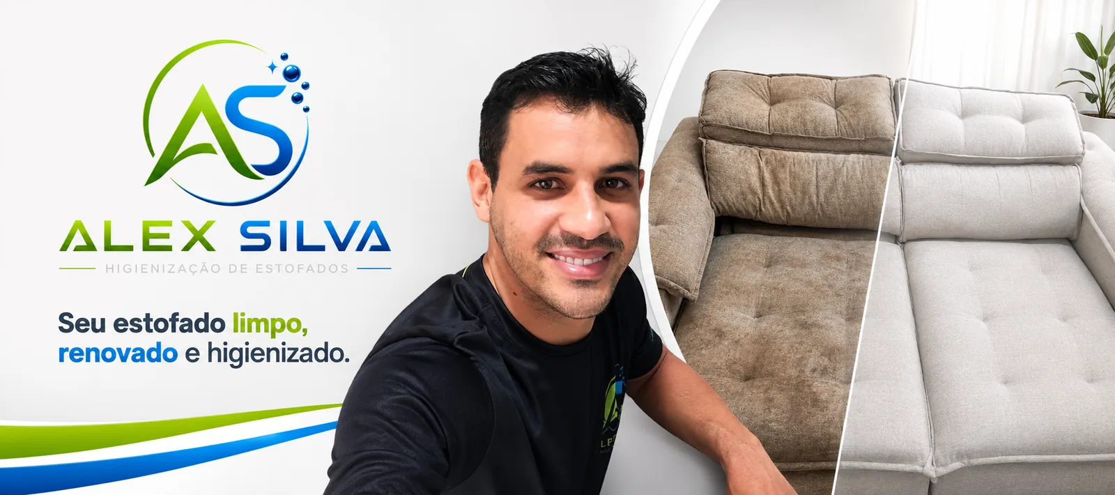 Alex Silva ao lado de um sofá retrátil metade sujo e metade limpo, com a frase seu estofado limpo, renovado e higienizado