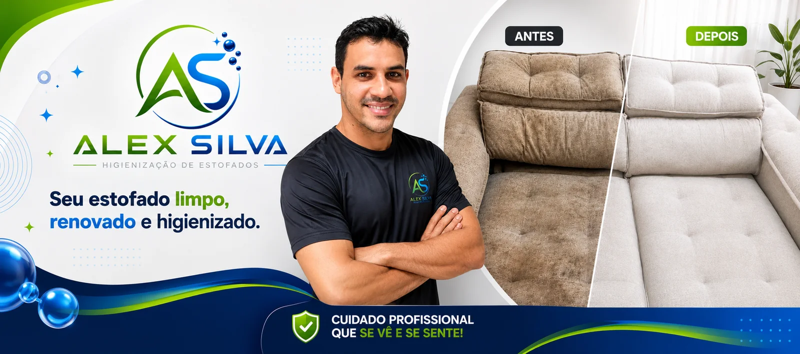 Alex Silva de braços cruzados ao lado do comparativo antes e depois de um sofá retrátil, com a frase seu estofado limpo, renovado e higienizado