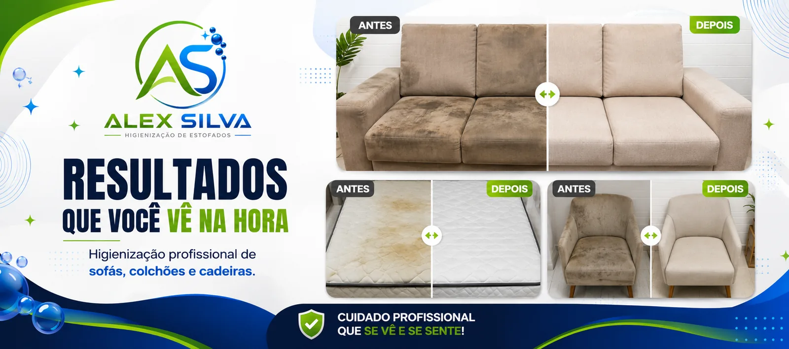 Comparativos de antes e depois de sofá, colchão e poltrona com a frase resultados que você vê na hora