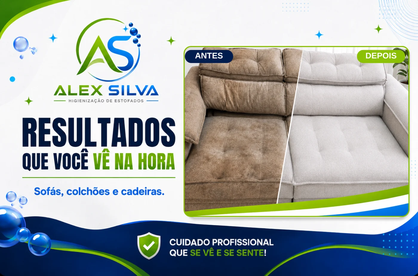 Comparativo antes e depois de um sofá retrátil higienizado pela Alex Silva, com a frase resultados que você vê na hora